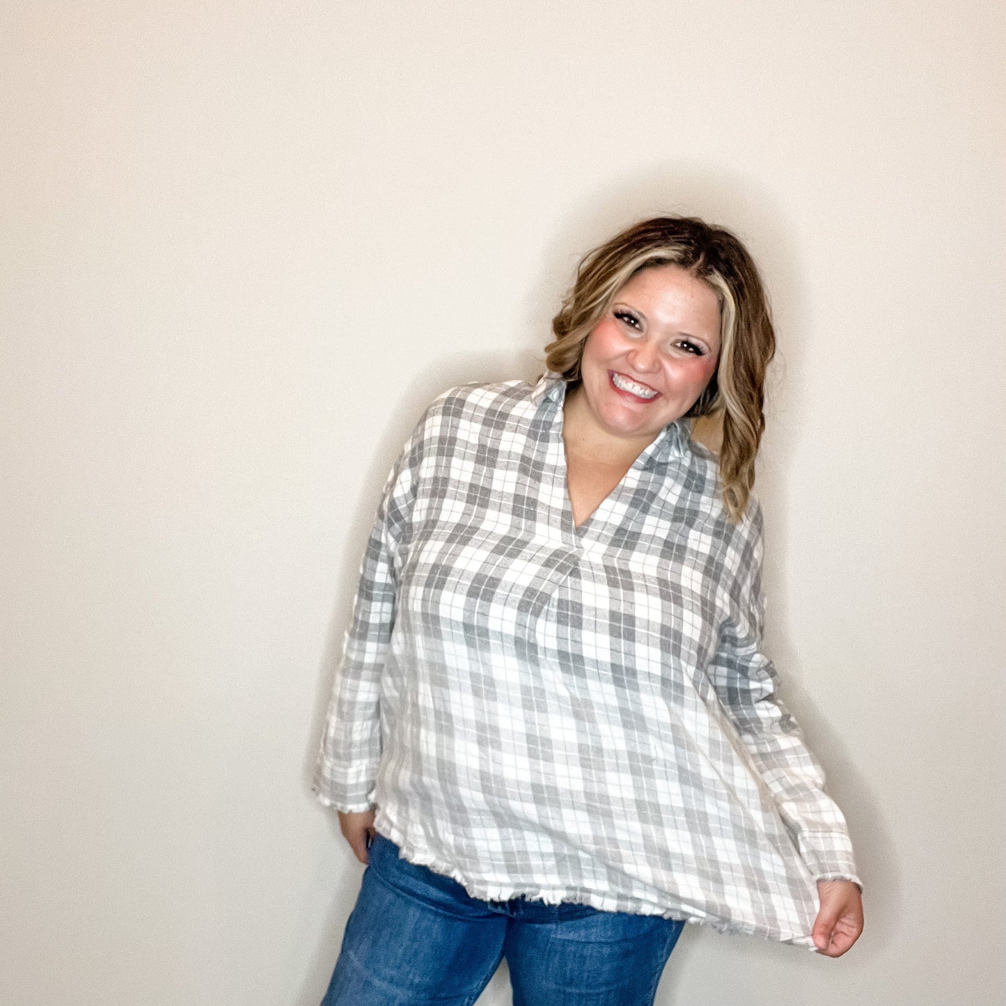 "Just Around the Corner" Collared Long Sleeve with Center Pleat