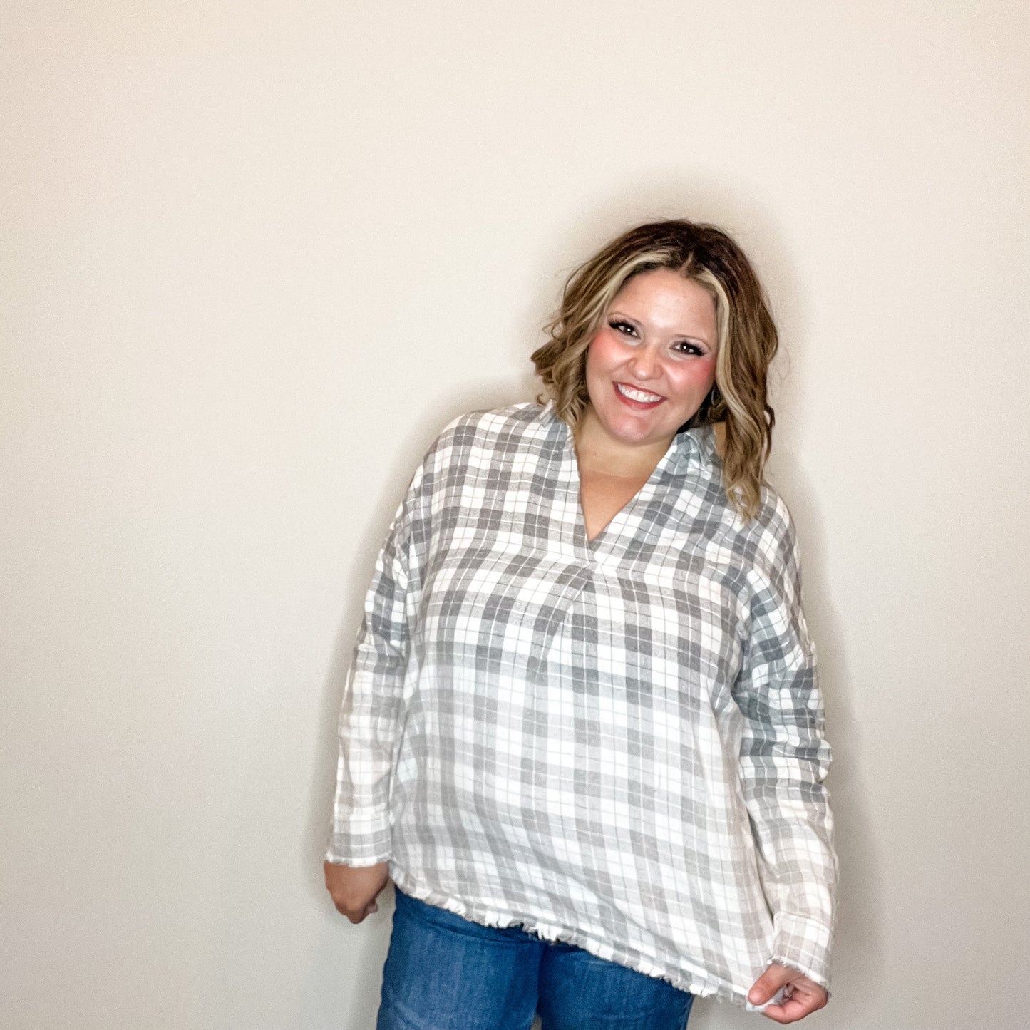 "Just Around the Corner" Collared Long Sleeve with Center Pleat