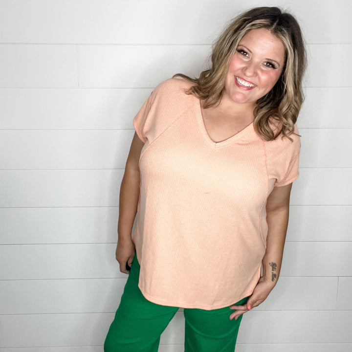 "Just Be You" Cap Sleeve U Neck Waffle Texture Tops (Apricot)