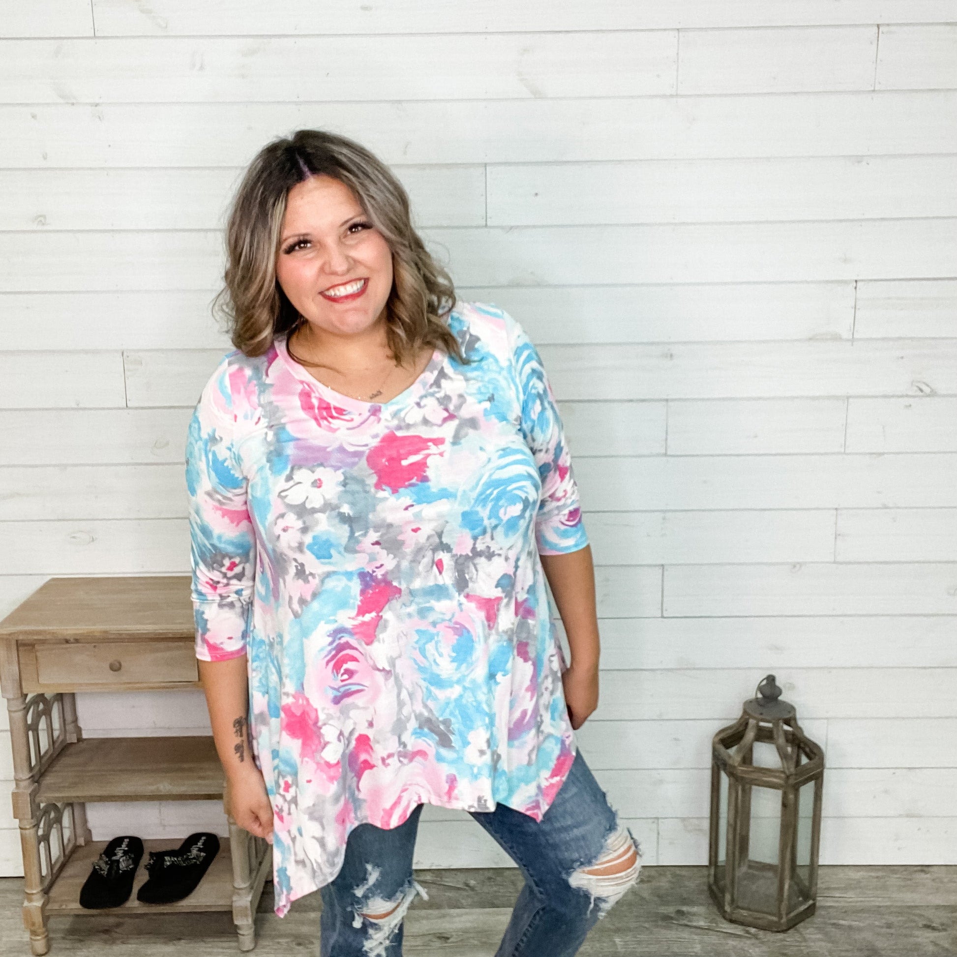 "Just Exhale" 3/4 Sleeve Floral V Neck Shark Bite Hem