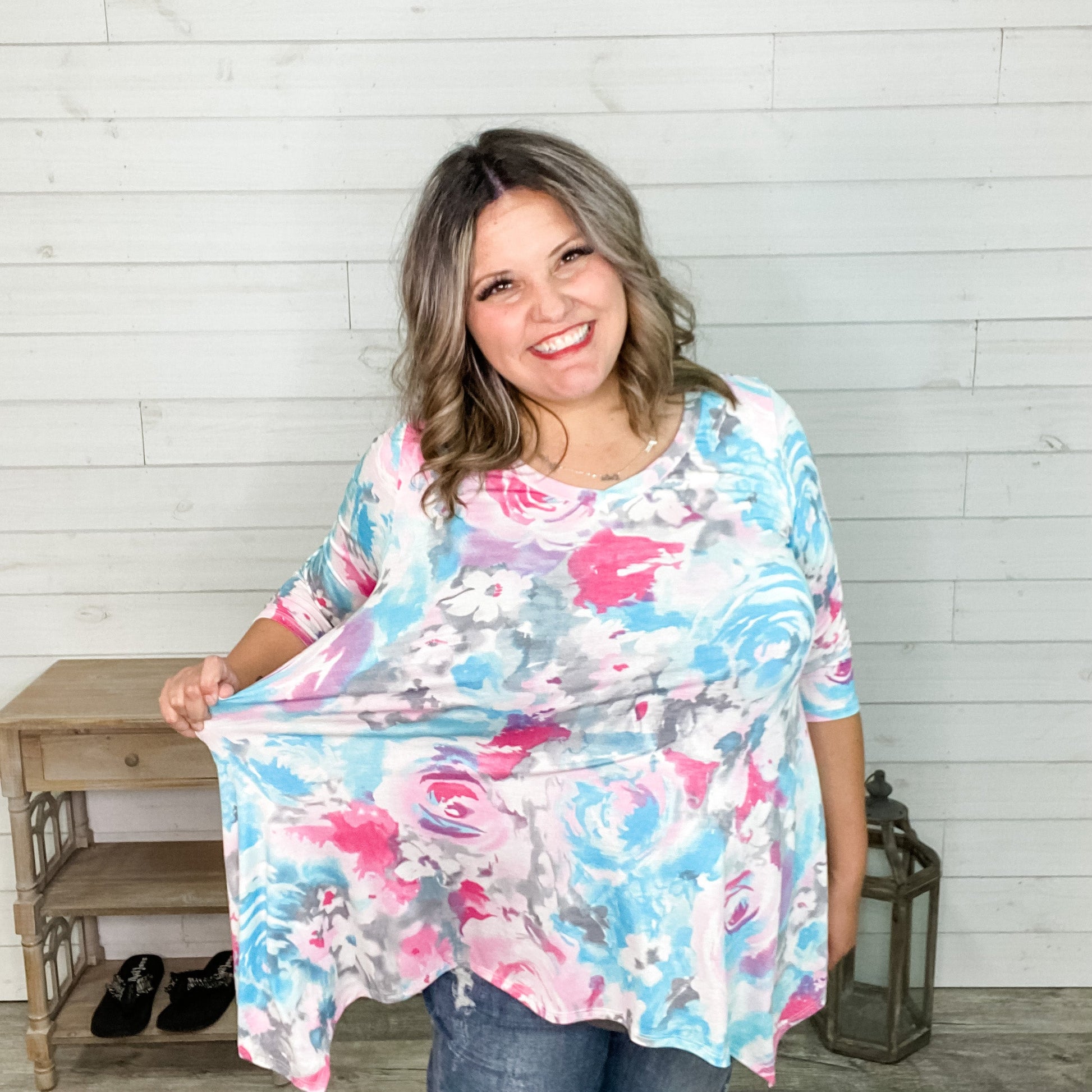 "Just Exhale" 3/4 Sleeve Floral V Neck Shark Bite Hem