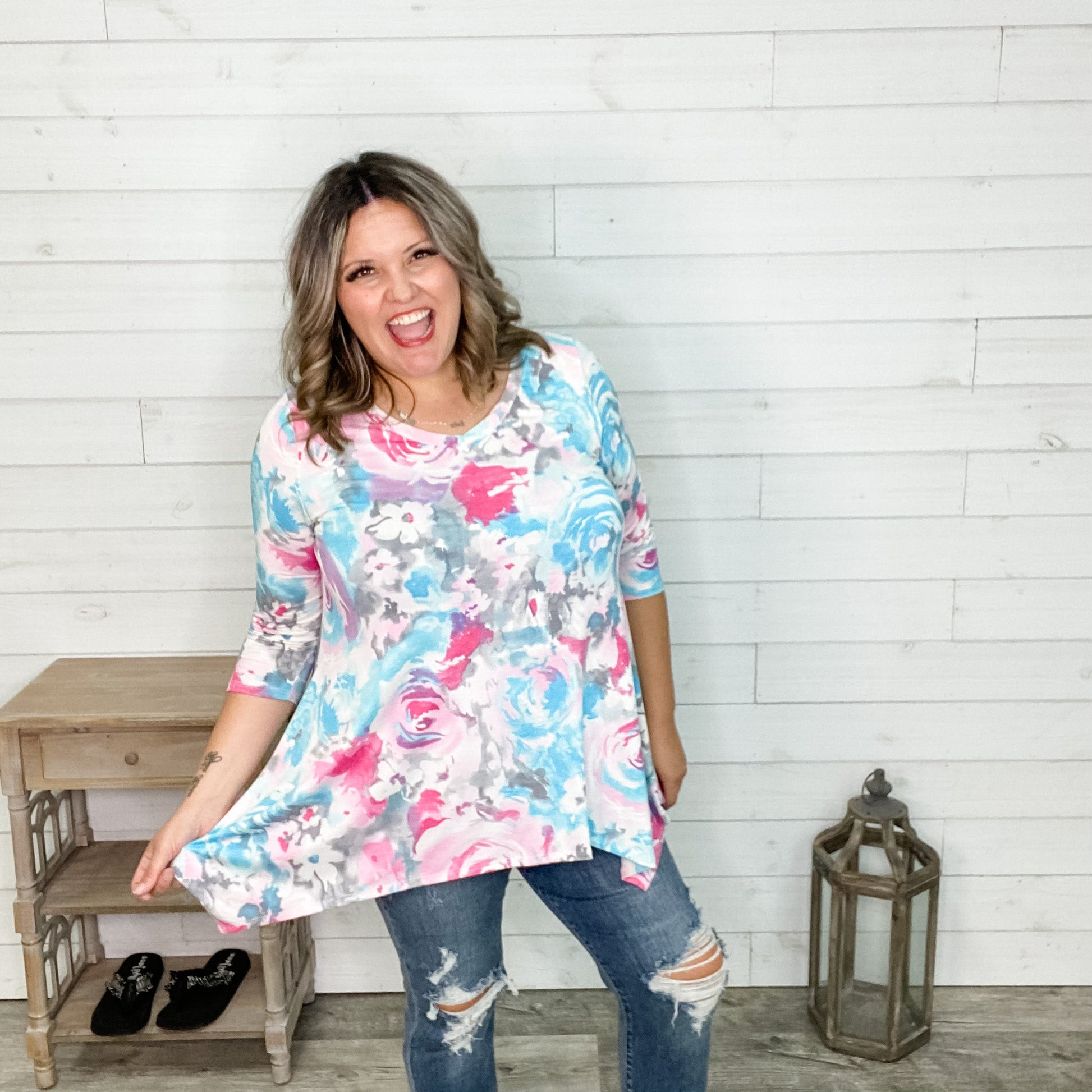 "Just Exhale" 3/4 Sleeve Floral V Neck Shark Bite Hem