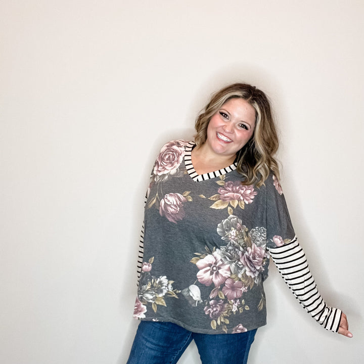 "Just Me" Long Sleeve Floral Body V Neck