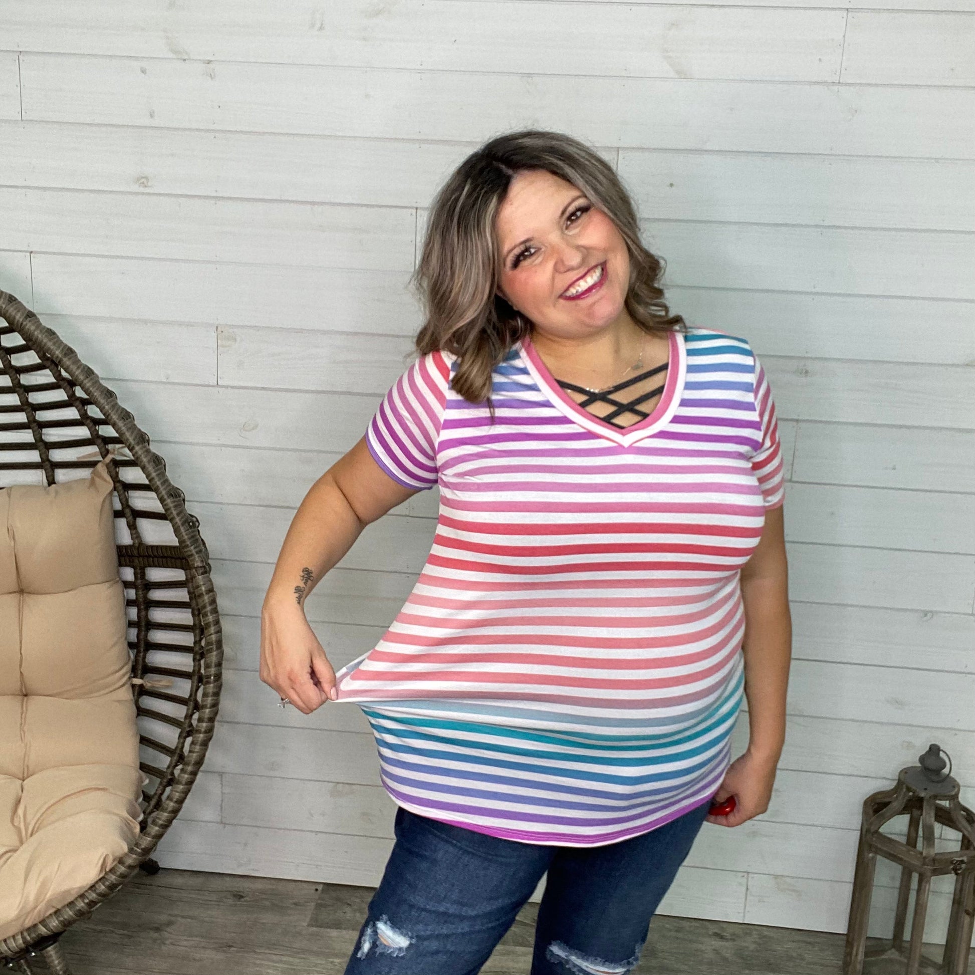 "Kalynn" Short Sleeve Striped V Neck