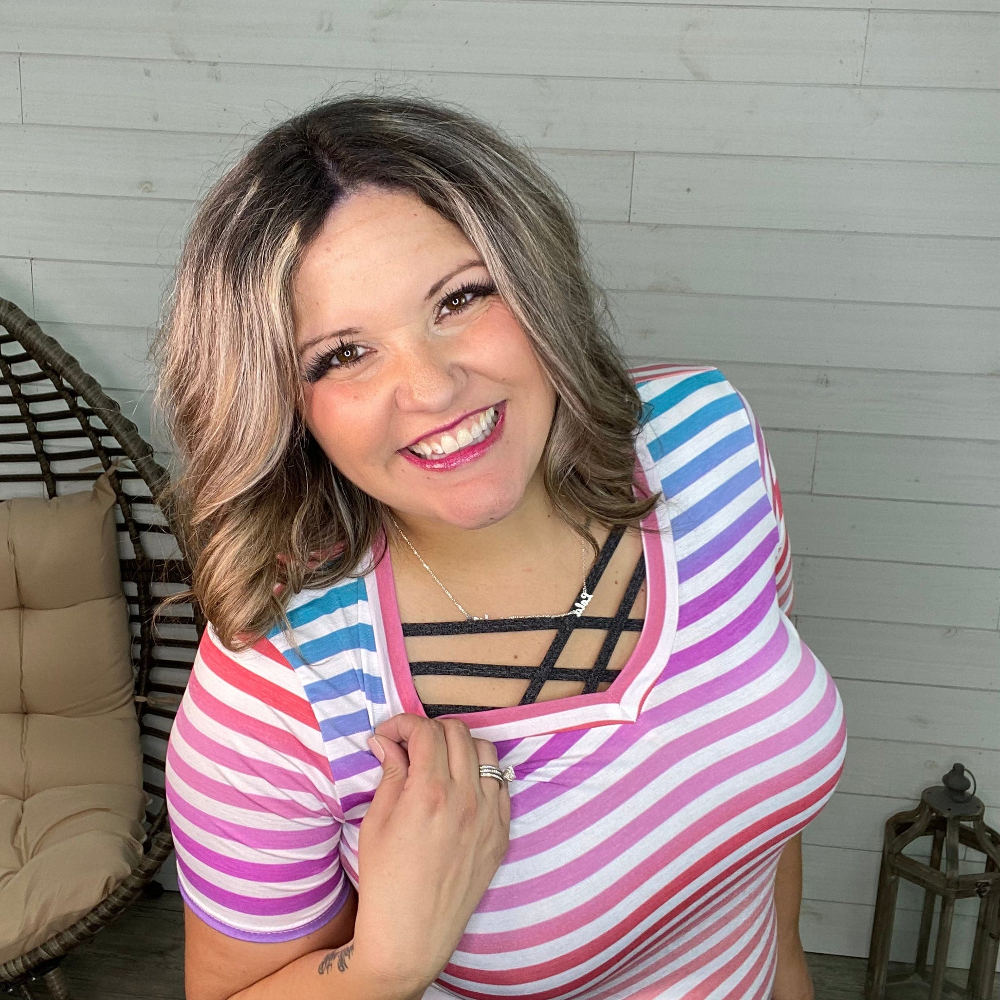 "Kalynn" Short Sleeve Striped V Neck