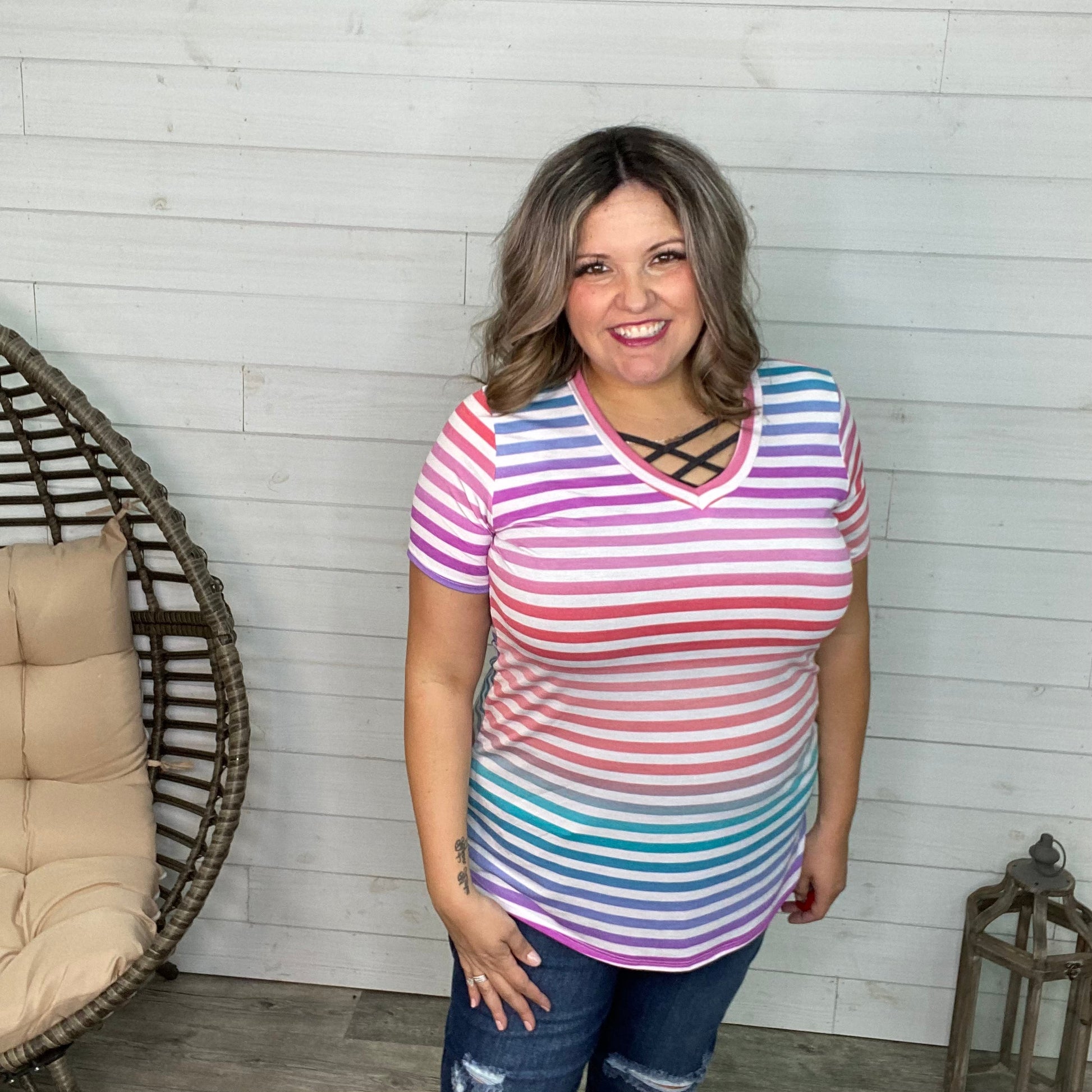 "Kalynn" Short Sleeve Striped V Neck