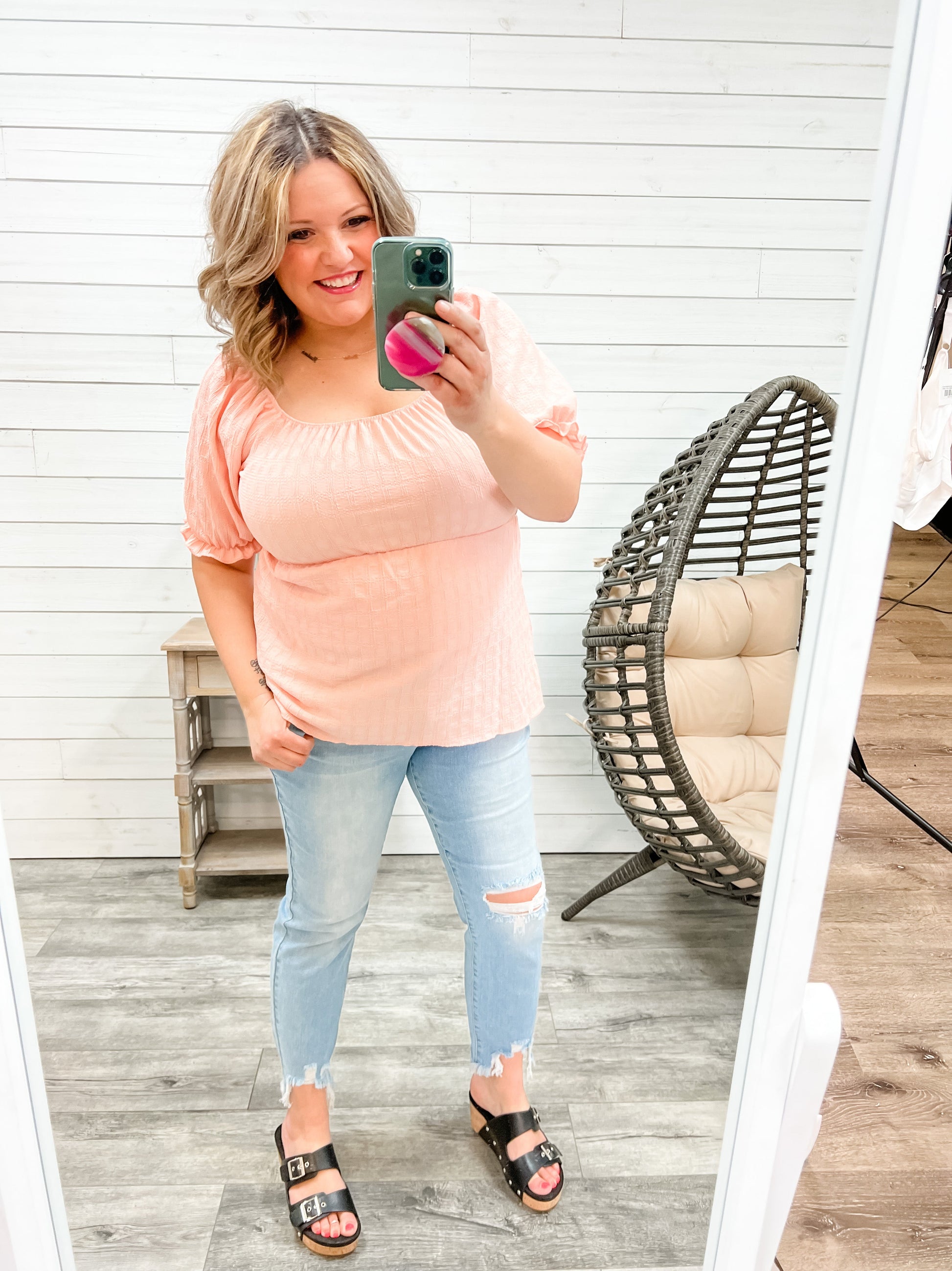 "Karma" Boho Peasant Short Sleeve Top (Blush)