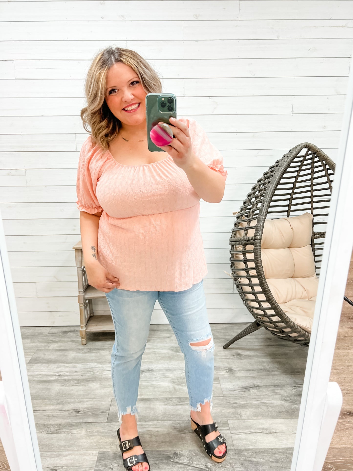 "Karma" Boho Peasant Short Sleeve Top (Blush)