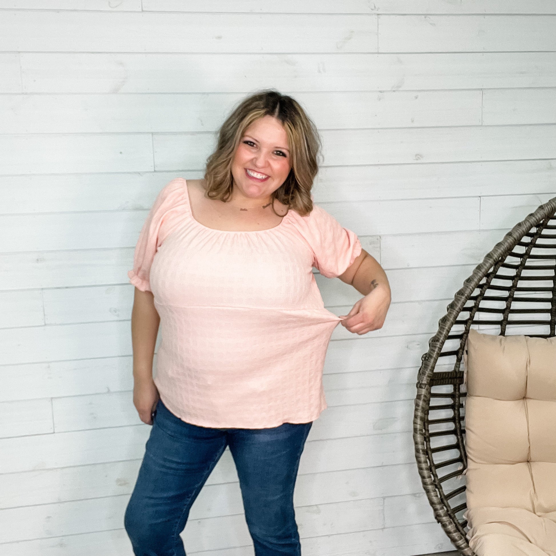 "Karma" Boho Peasant Short Sleeve Top (Blush)