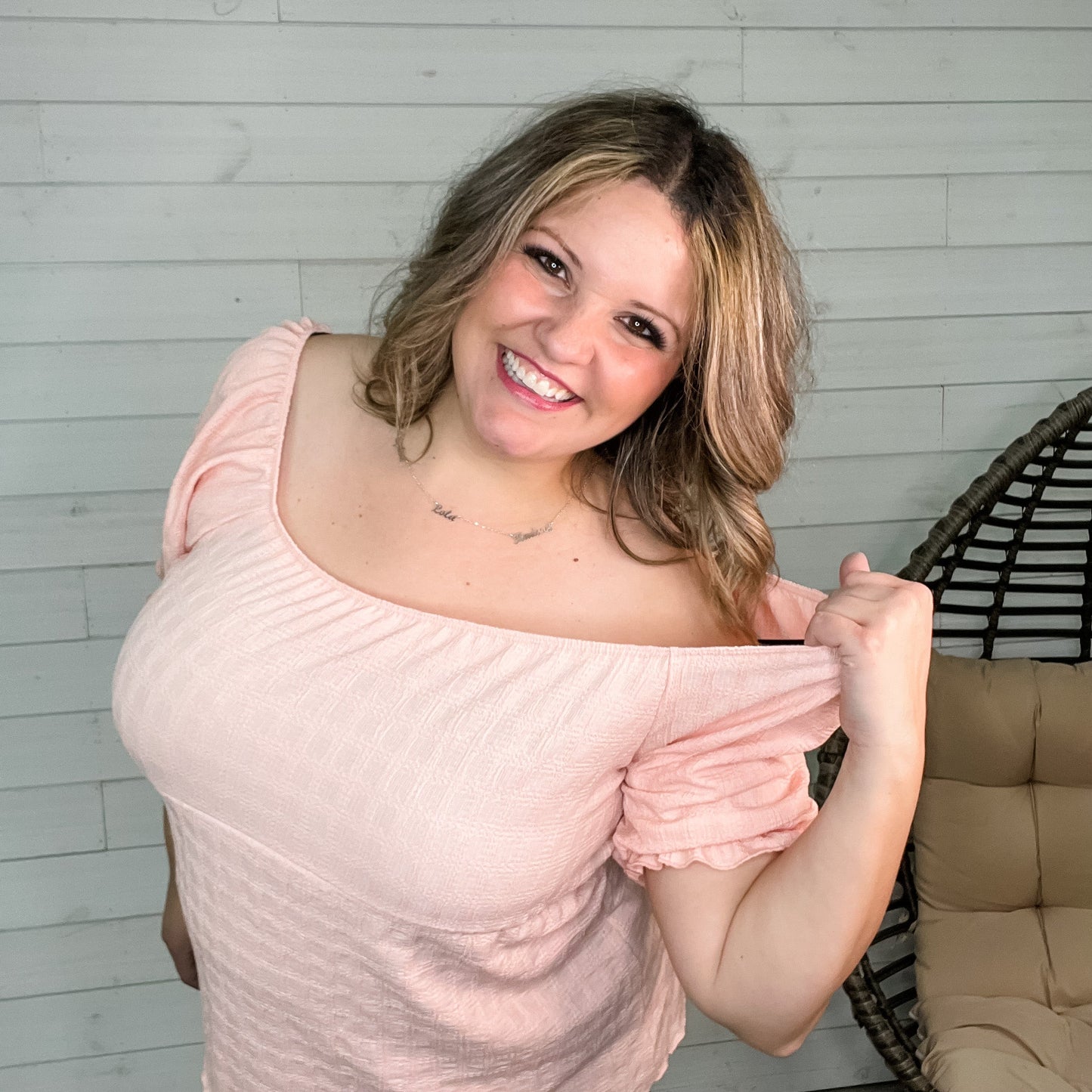"Karma" Boho Peasant Short Sleeve Top (Blush)
