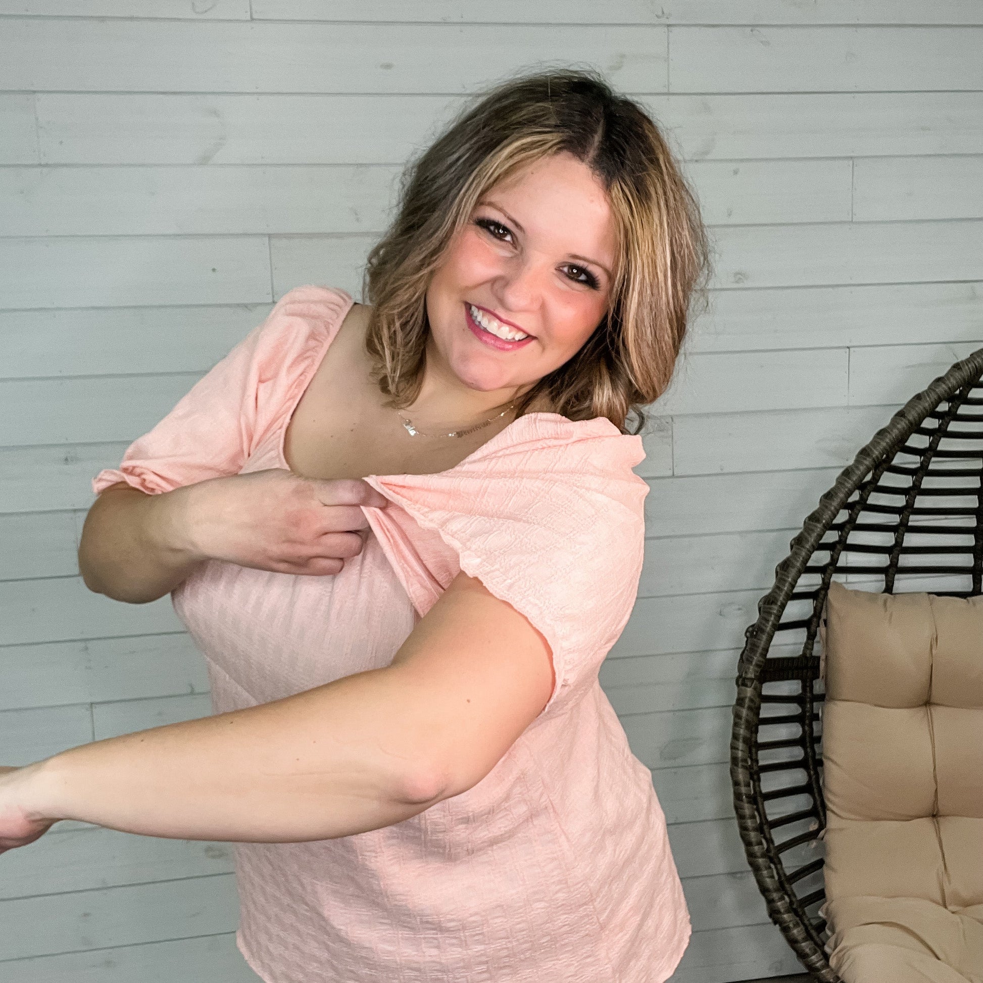 "Karma" Boho Peasant Short Sleeve Top (Blush)