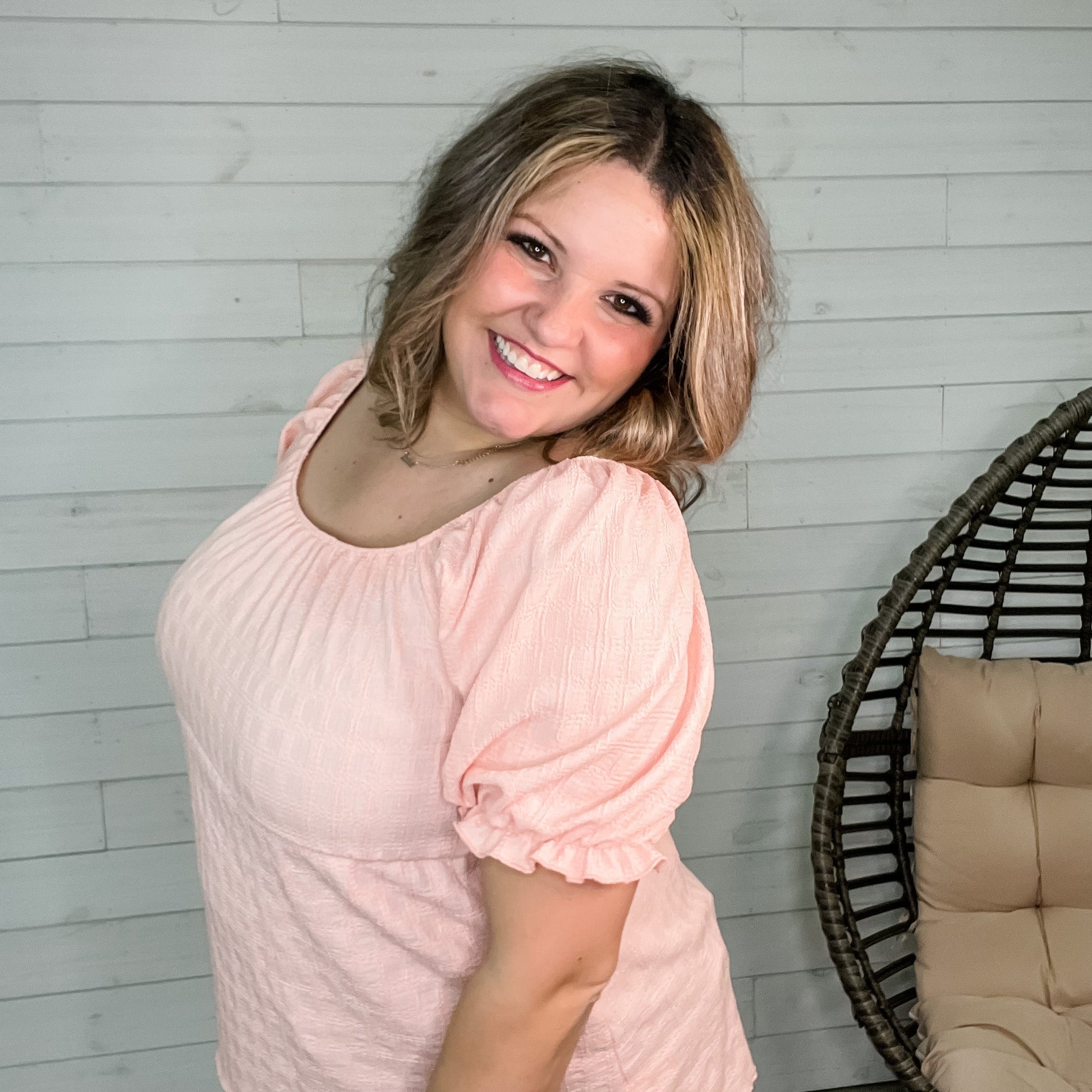 "Karma" Boho Peasant Short Sleeve Top (Blush)