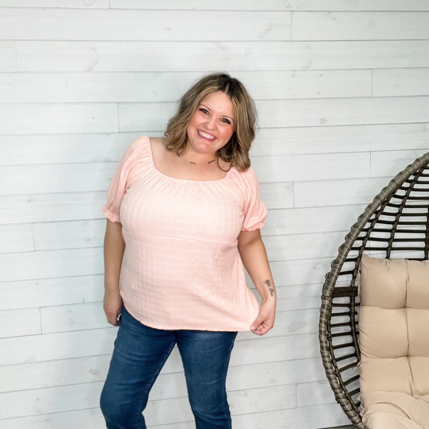 "Karma" Boho Peasant Short Sleeve Top (Blush)