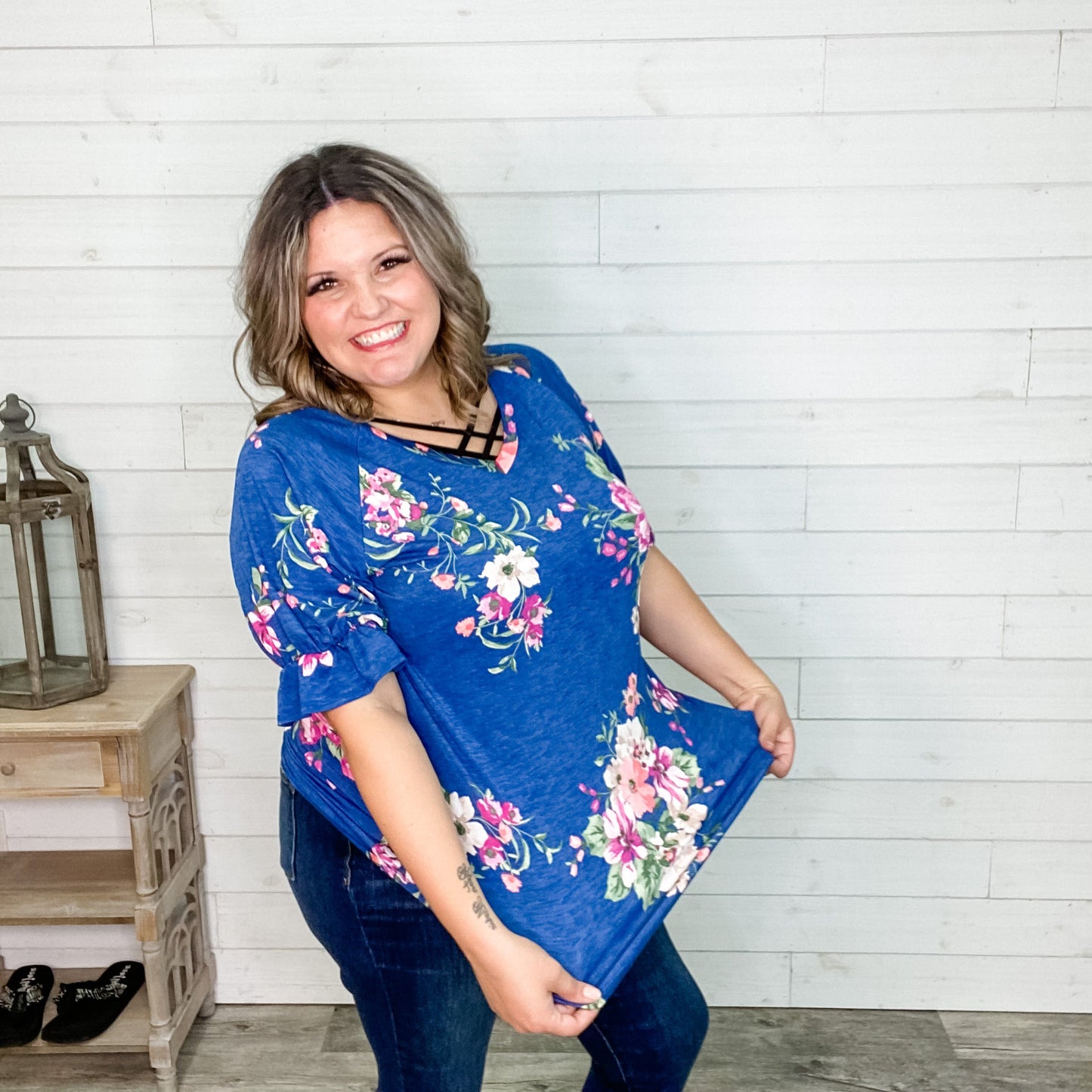 "Kayla" Floral V Neck Ruffle Cuff Sleeve