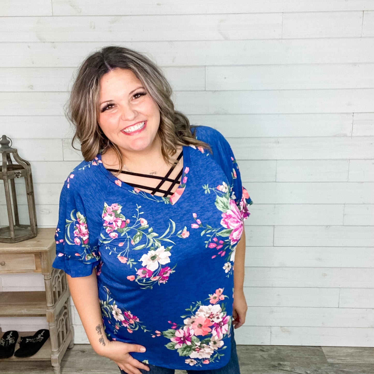 "Kayla" Floral V Neck Ruffle Cuff Sleeve