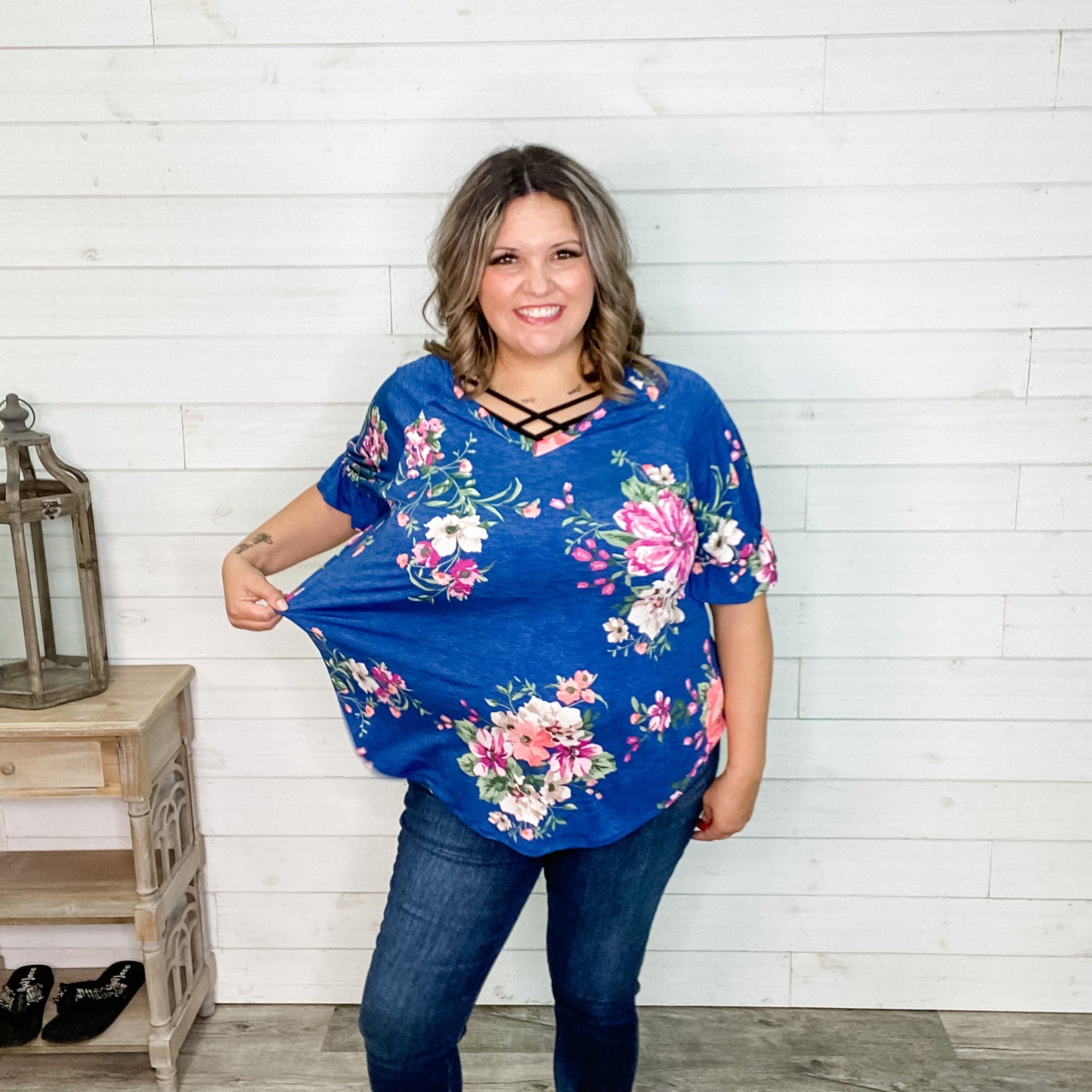 "Kayla" Floral V Neck Ruffle Cuff Sleeve