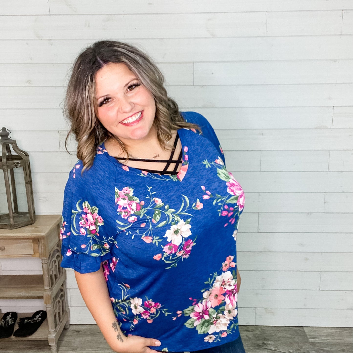 "Kayla" Floral V Neck Ruffle Cuff Sleeve