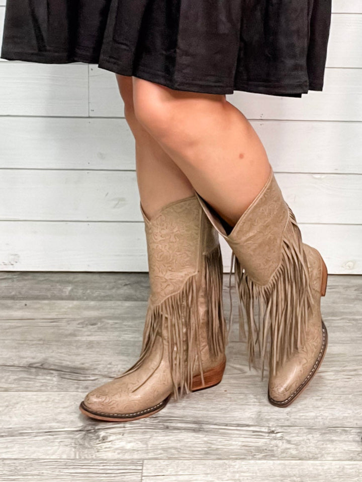 "Kaylee" Floral Embosed Boot with Fringe Detail Side Zipper (Taupe)-Lola Monroe Boutique