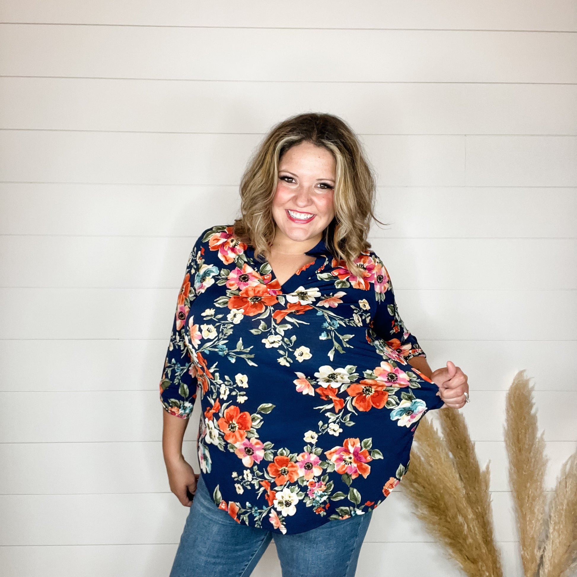 "Keller" Floral Lizzy 3/4 Sleeve Split Neck