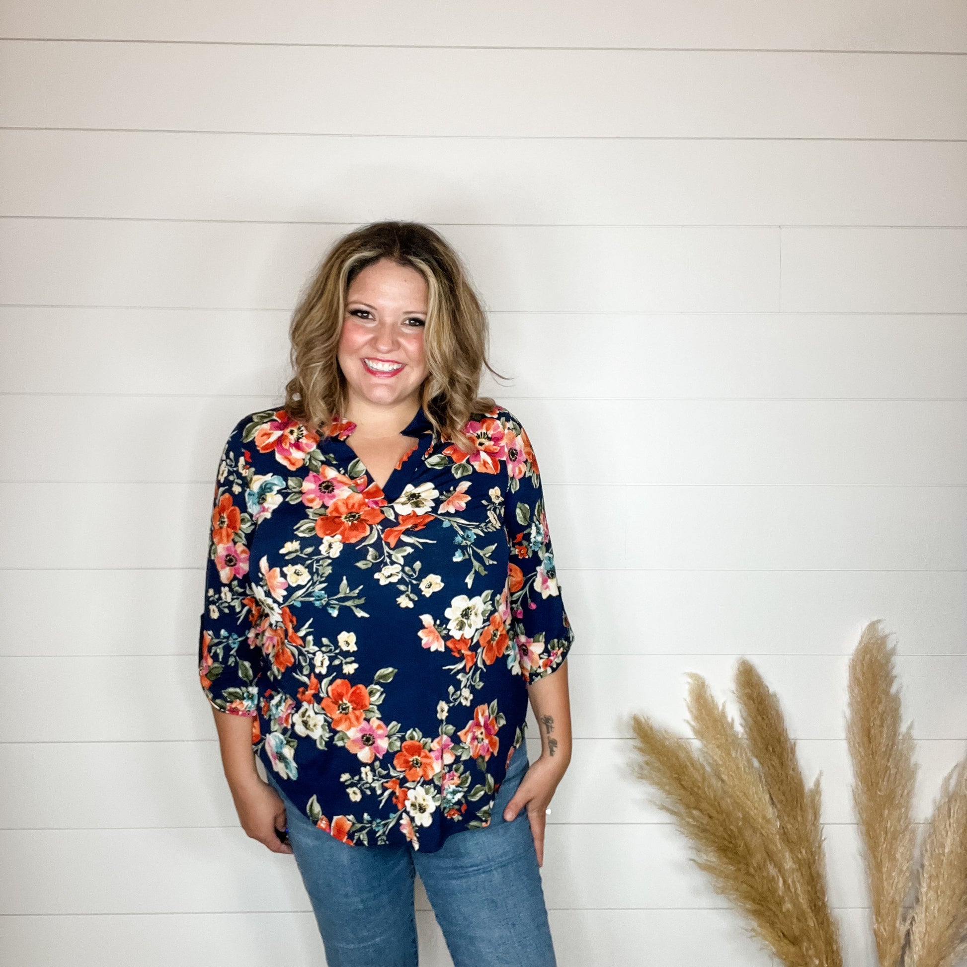 "Keller" Floral Lizzy 3/4 Sleeve Split Neck