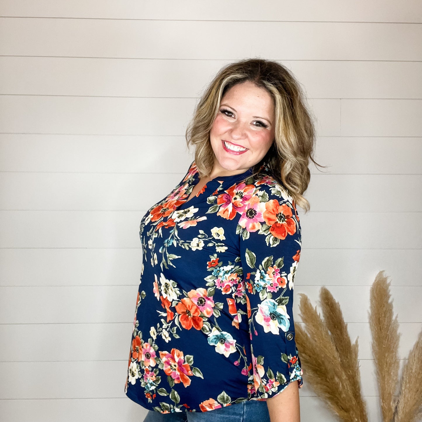 "Keller" Floral Lizzy 3/4 Sleeve Split Neck
