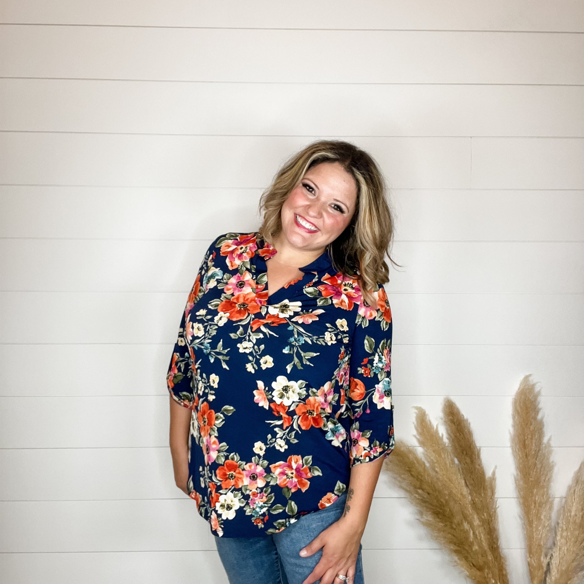 "Keller" Floral Lizzy 3/4 Sleeve Split Neck