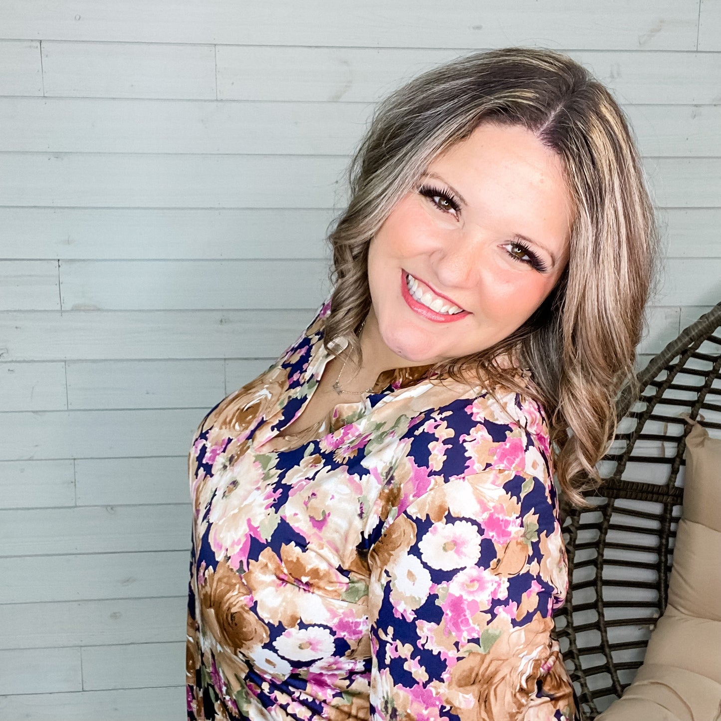 "Kinsley" Floral 3/4 Ruffle Sleeve Split Neck