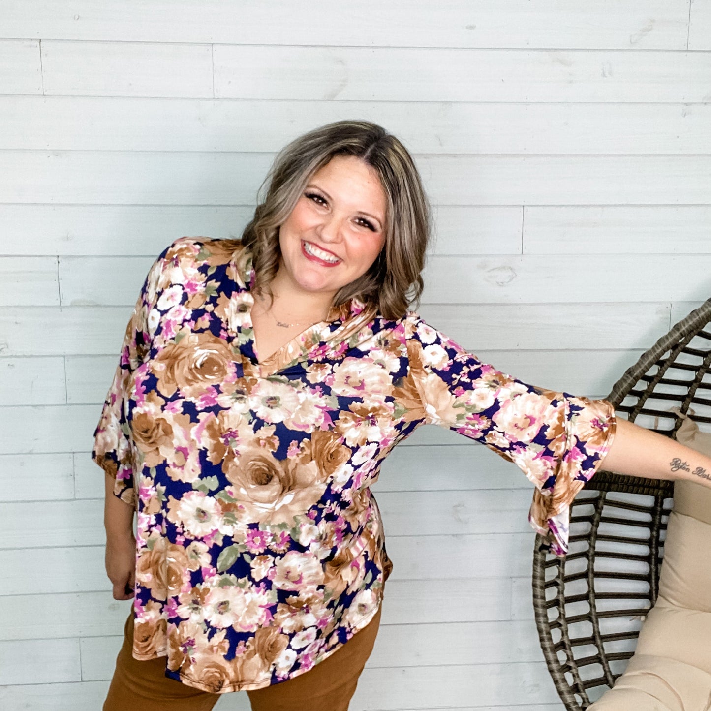 "Kinsley" Floral 3/4 Ruffle Sleeve Split Neck