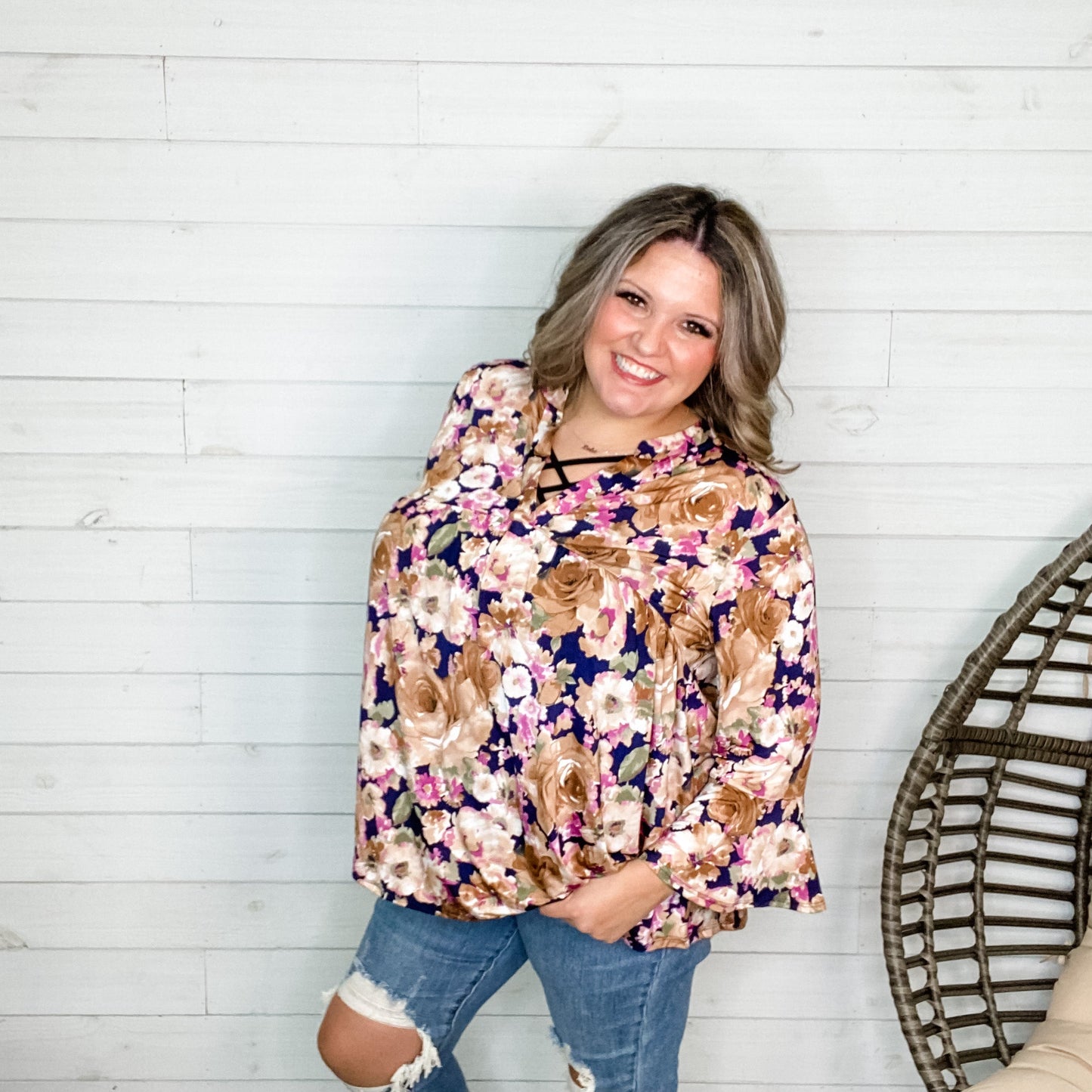 "Kinsley" Floral 3/4 Ruffle Sleeve Split Neck Babydoll