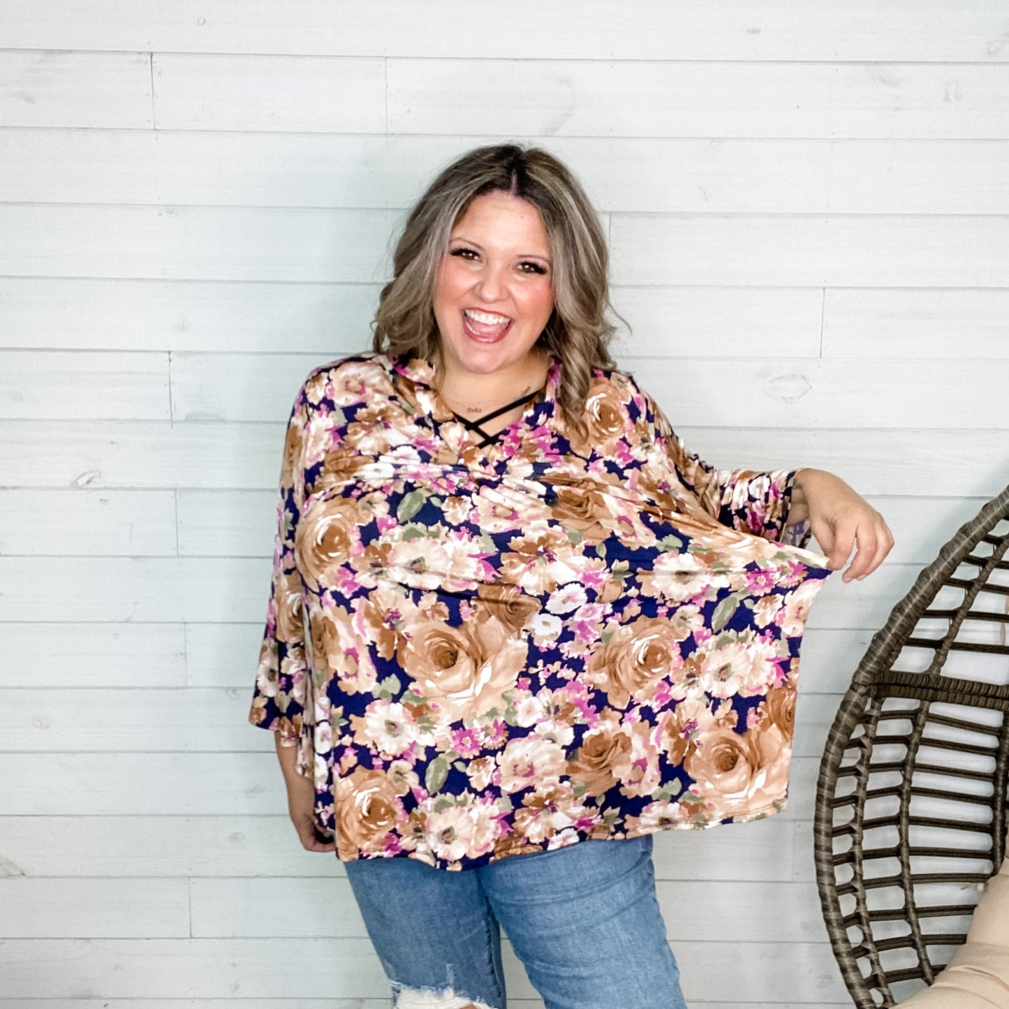 "Kinsley" Floral 3/4 Ruffle Sleeve Split Neck Babydoll