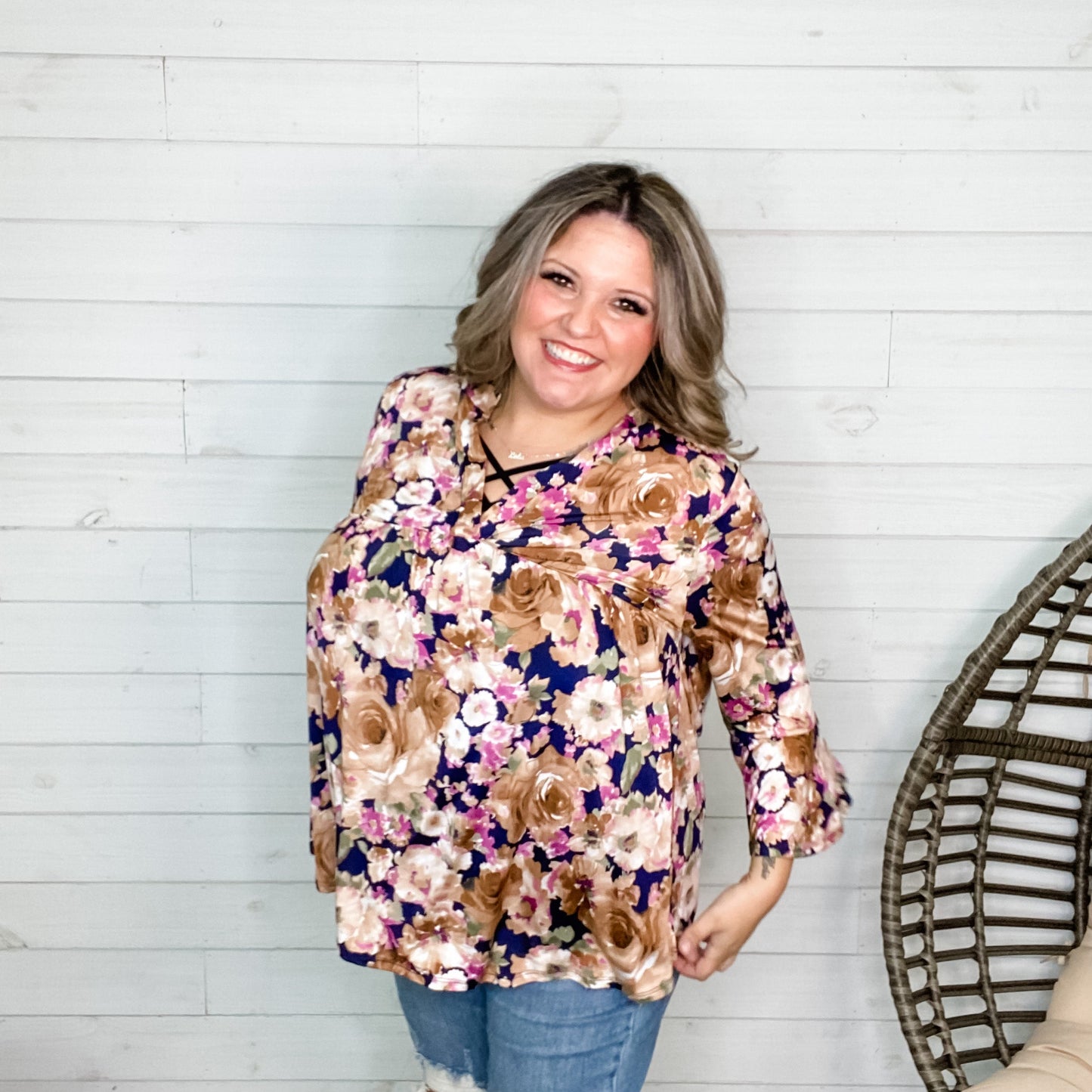 "Kinsley" Floral 3/4 Ruffle Sleeve Split Neck Babydoll