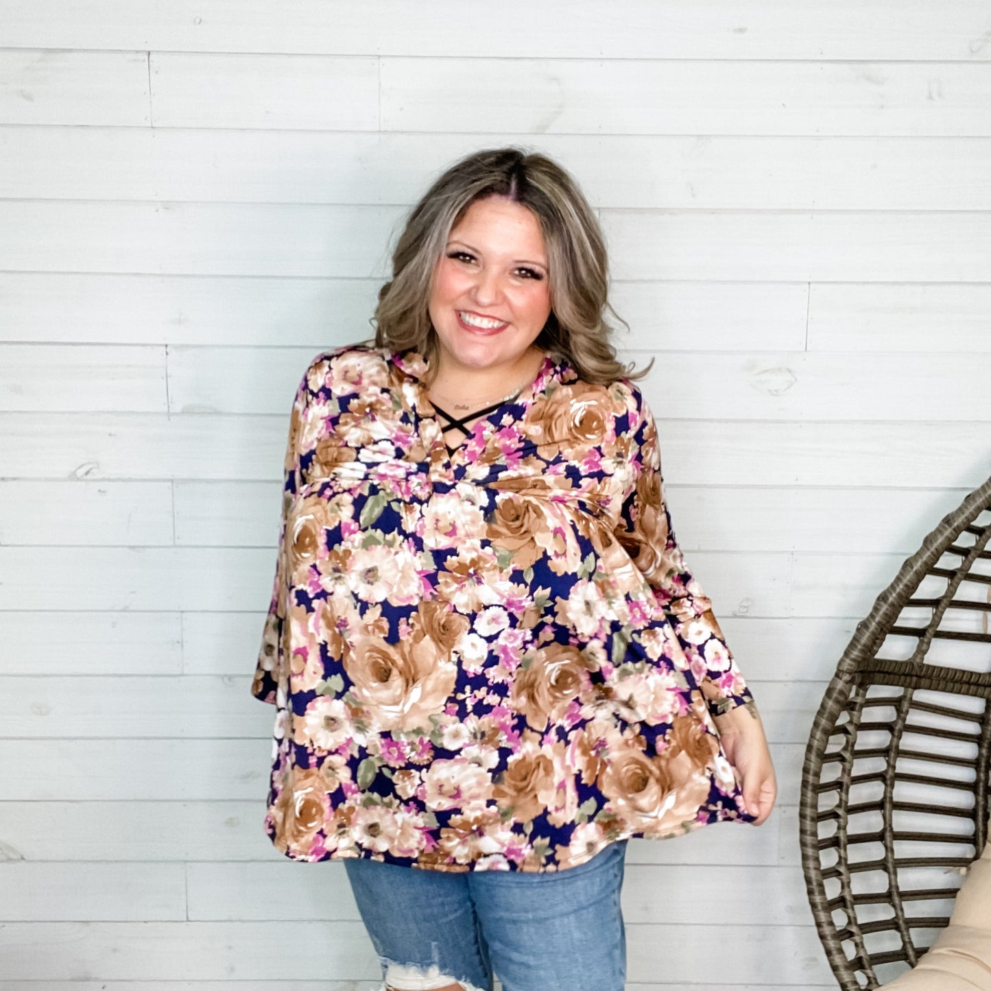 "Kinsley" Floral 3/4 Ruffle Sleeve Split Neck Babydoll