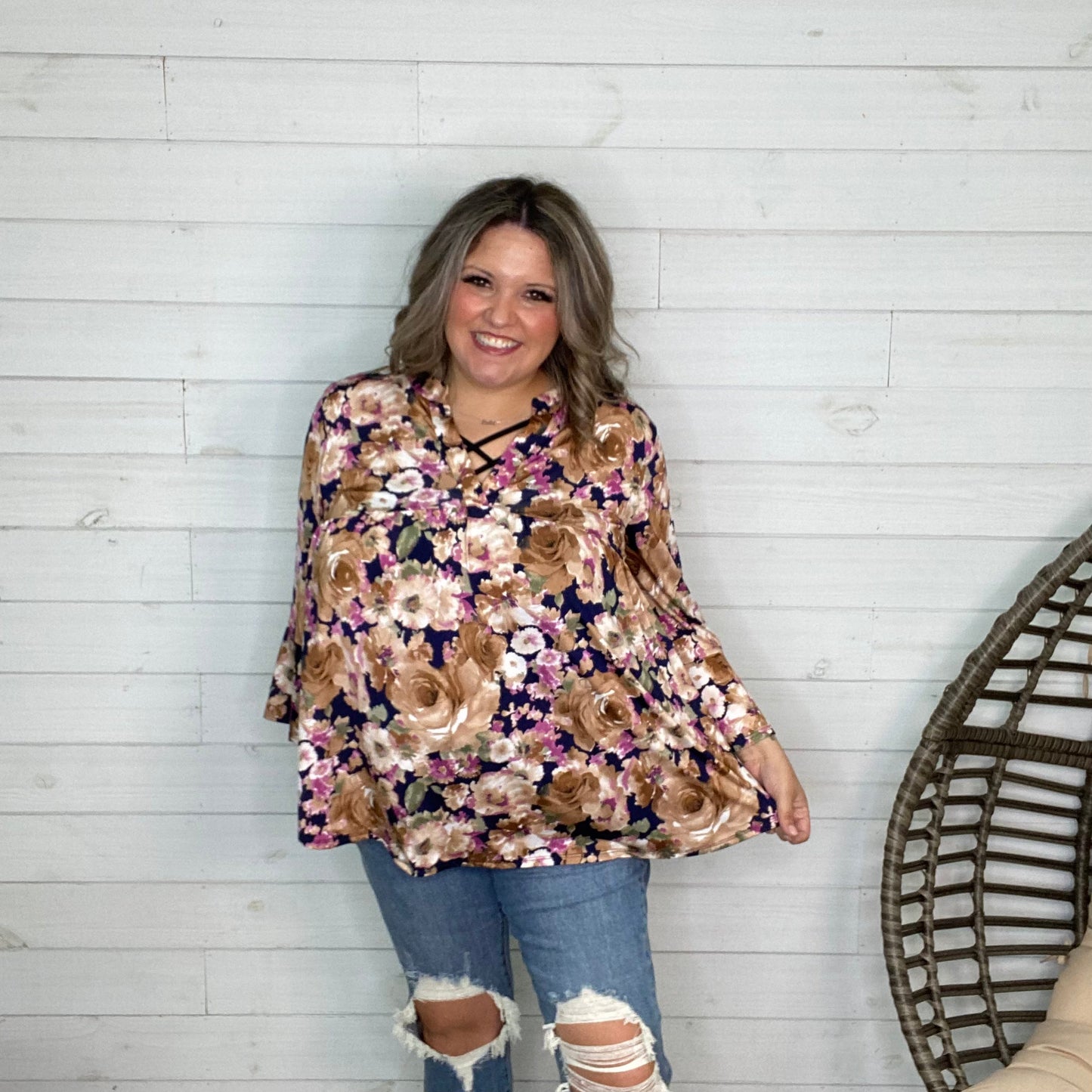 "Kinsley" Floral 3/4 Ruffle Sleeve Split Neck Babydoll