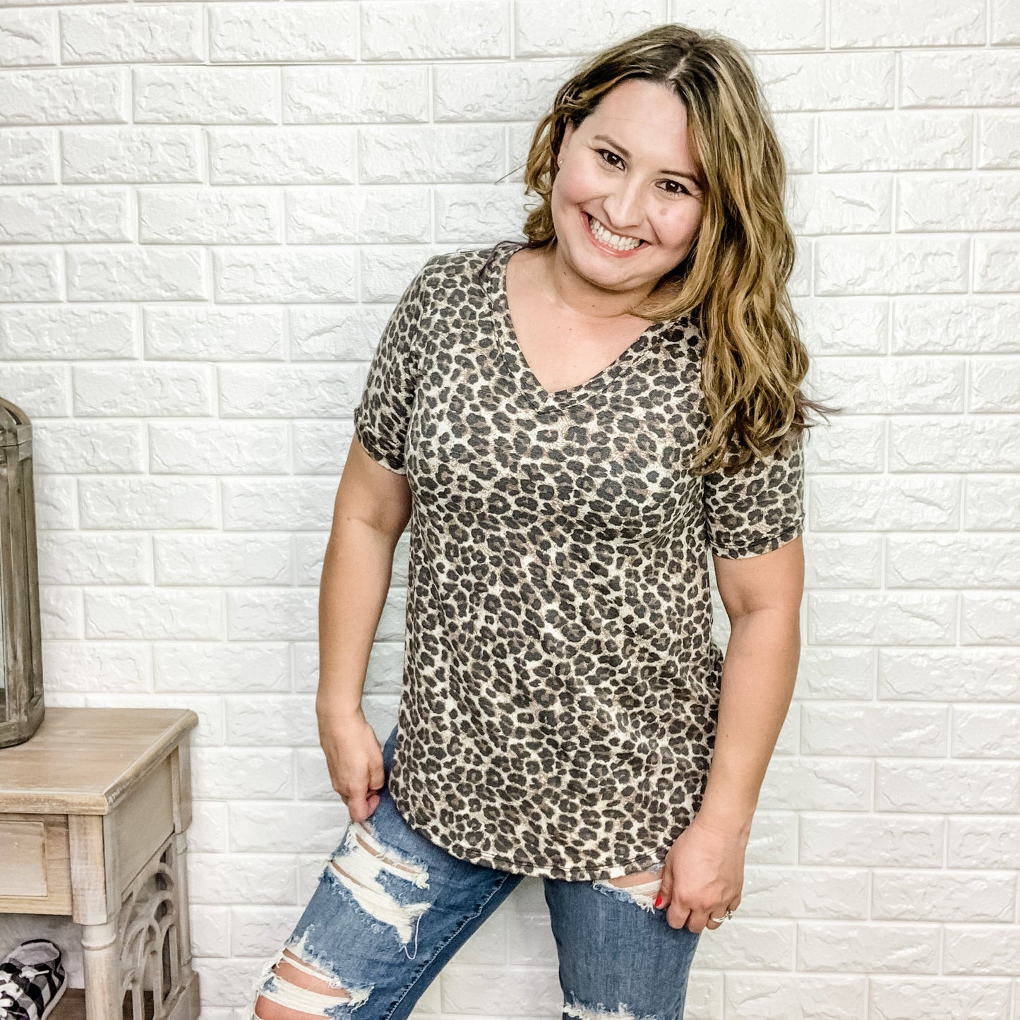 "Kourtney" Animal Print V-Neck(Grey & Brown)