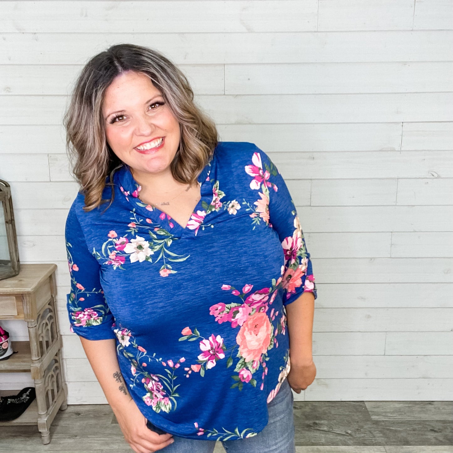 "Lauren" Floral Lizzy 3/4 Sleeve Split Neck