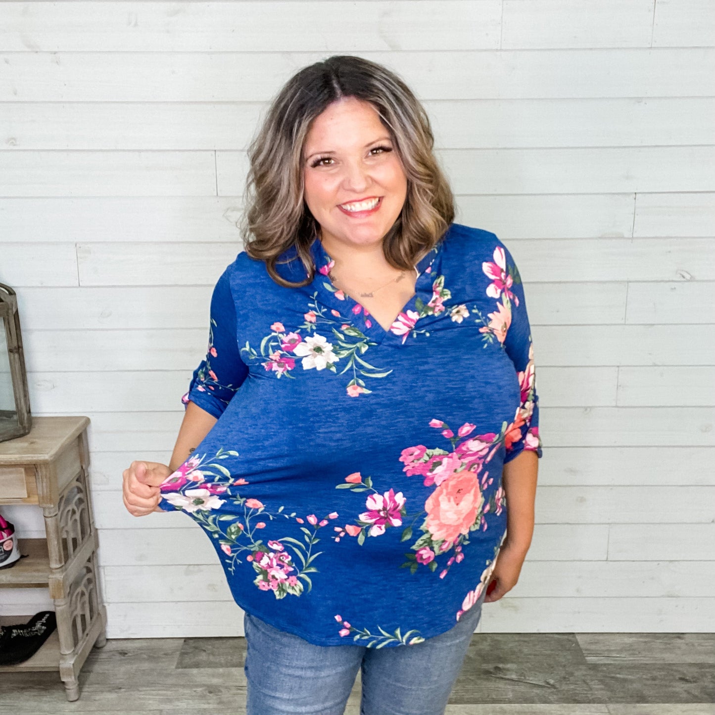"Lauren" Floral Lizzy 3/4 Sleeve Split Neck