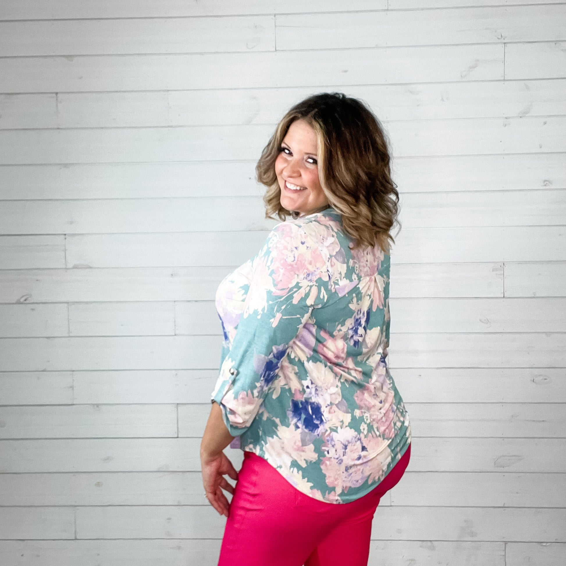 "Lavender Haze" Floral Lizzy 3/4 Sleeve Split Neck