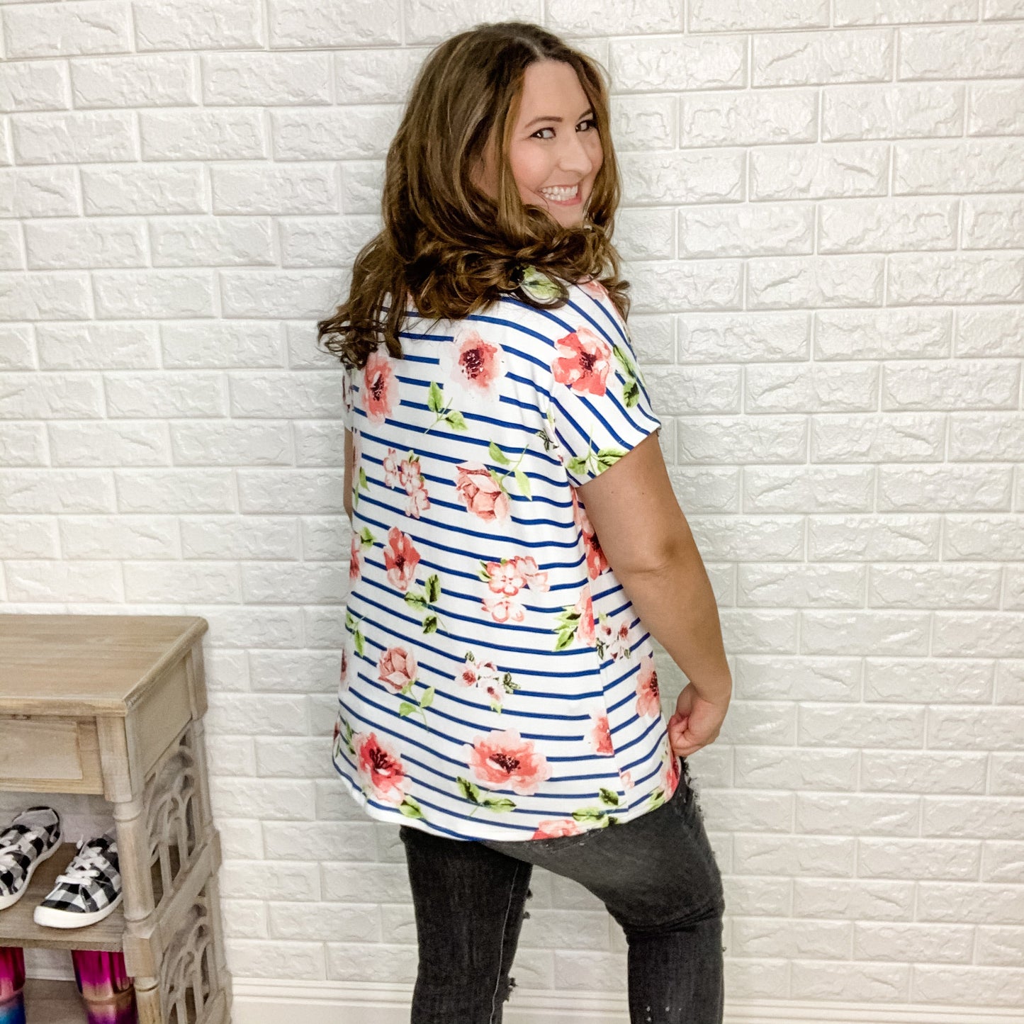 "Lazy Days" Stripes & Floral Criss Cross Shoulder Design