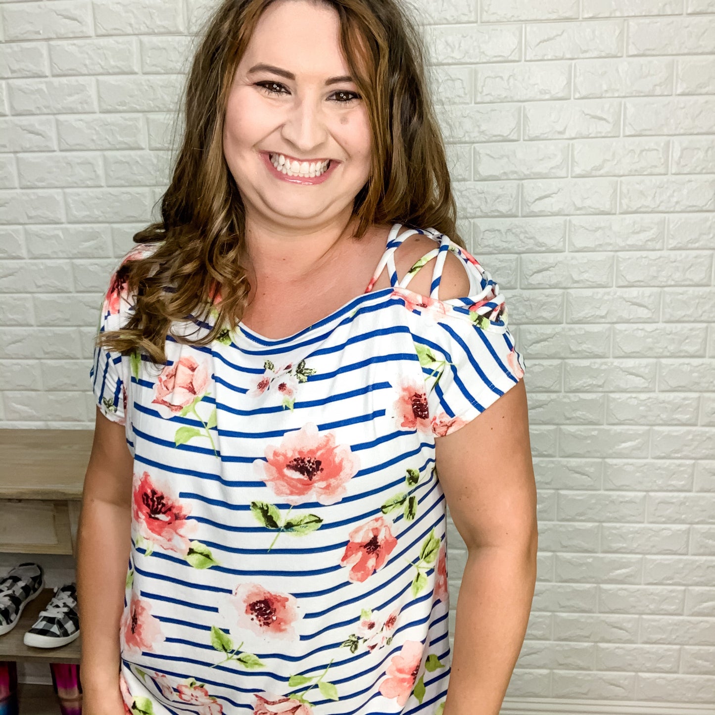 "Lazy Days" Stripes & Floral Criss Cross Shoulder Design