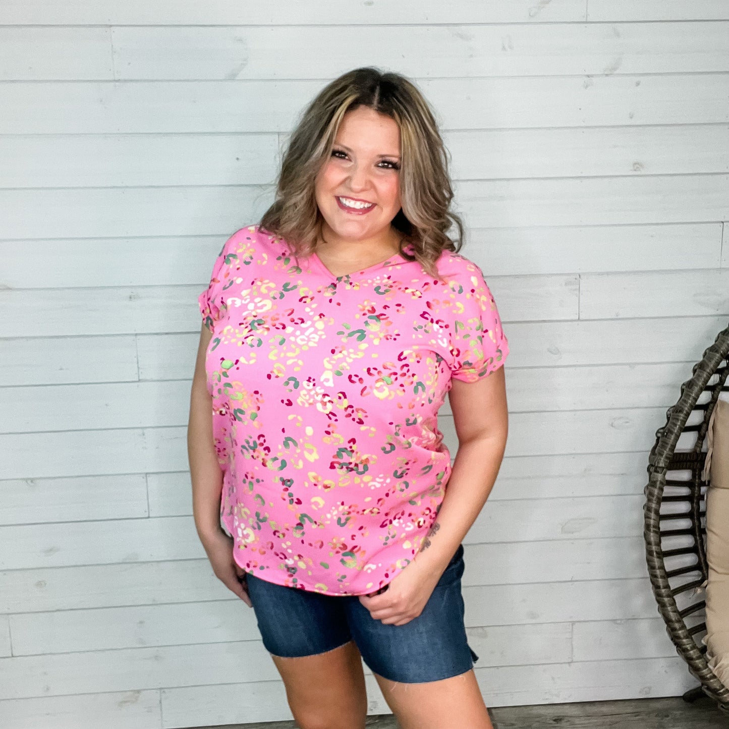 "Let Loose" Animal Print Cuffed Sleeve V Neck