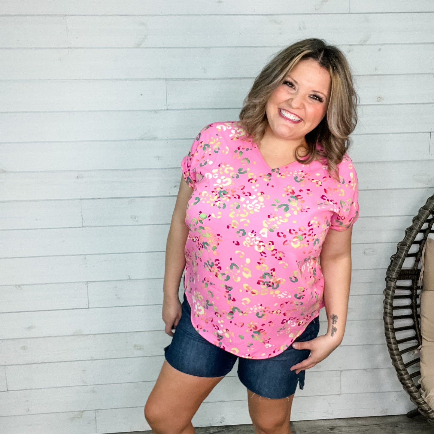 "Let Loose" Animal Print Cuffed Sleeve V Neck