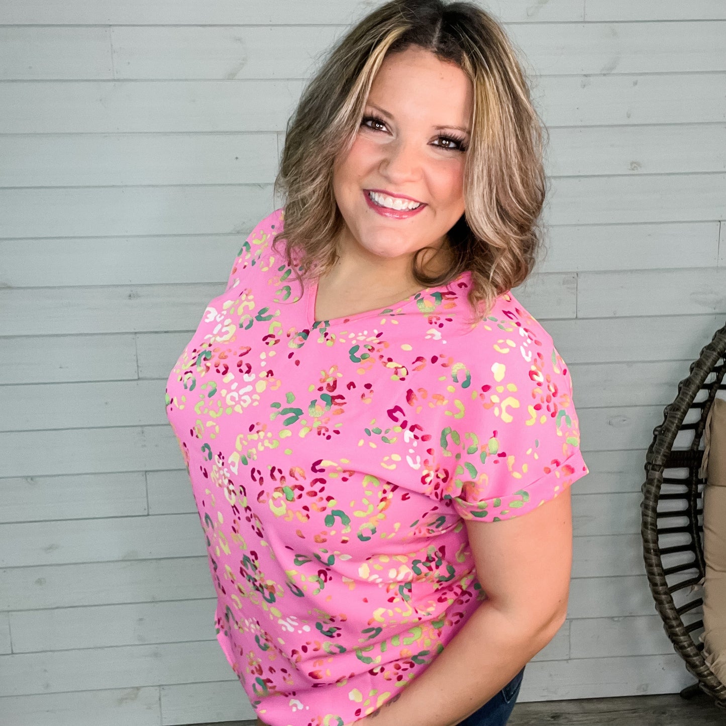 "Let Loose" Animal Print Cuffed Sleeve V Neck