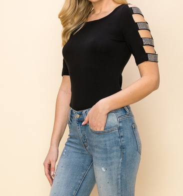 "Let's Do This" Short Sleeve with Cut Out and Stone Embellishment