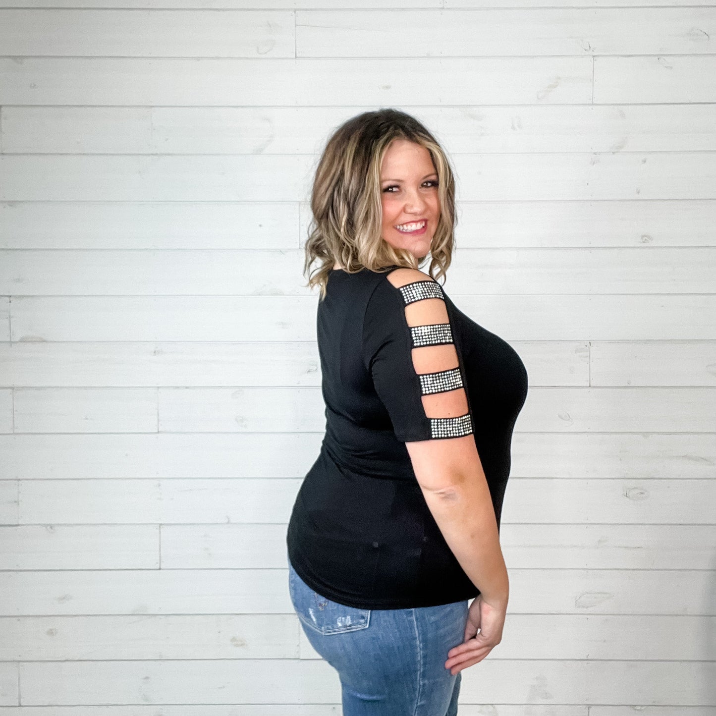 "Let's Do This" Short Sleeve with Cut Out and Stone Embellishment