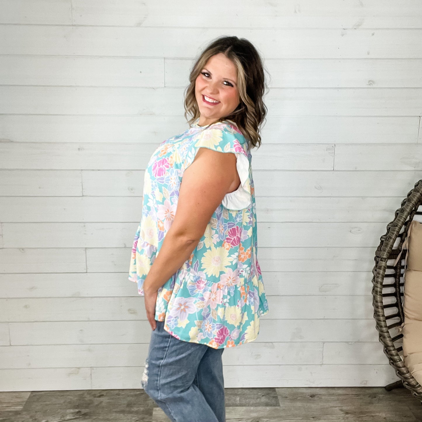 "Liam" Floral Ruffle Cap Sleeve Tiered Top