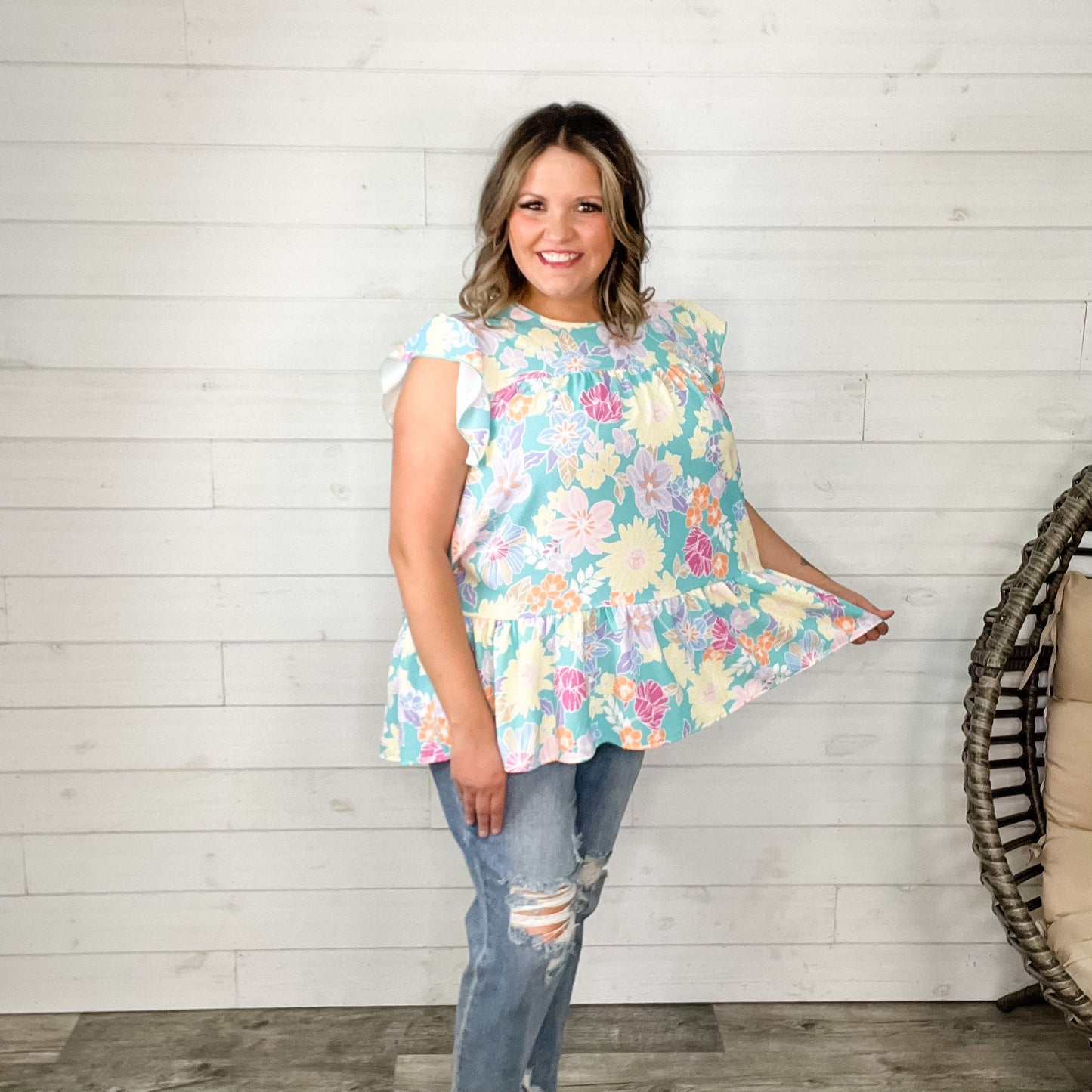 "Liam" Floral Ruffle Cap Sleeve Tiered Top