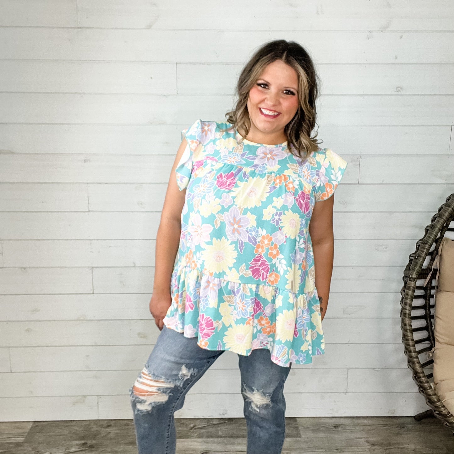 "Liam" Floral Ruffle Cap Sleeve Tiered Top