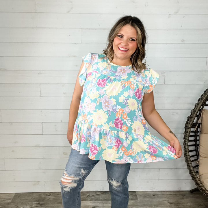 "Liam" Floral Ruffle Cap Sleeve Tiered Top