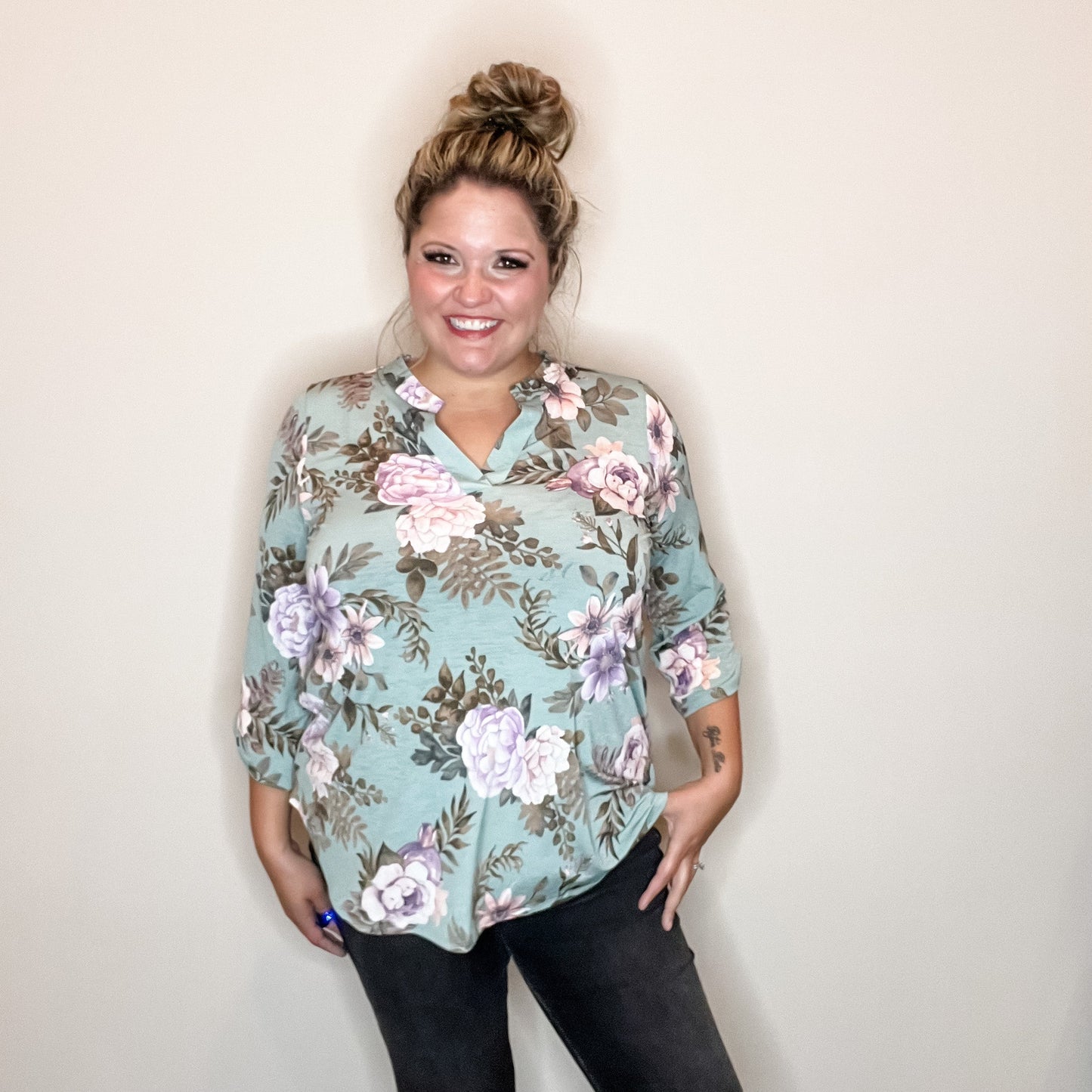 "Lifespan" Floral Split Neck Lizzy 3/4 Sleeve Split Neck (Sage)