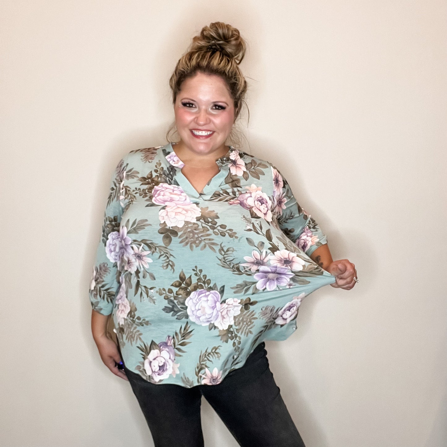 "Lifespan" Floral Split Neck Lizzy 3/4 Sleeve Split Neck (Sage)